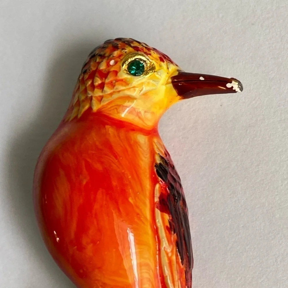 Vintage Enamel‎ Bird Brooch Orange Yellow 60s Pin Retro Green Rhinestone Eye